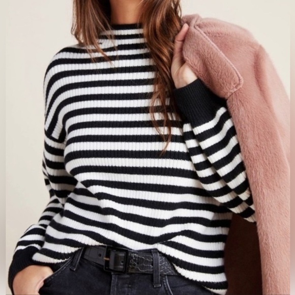 Anthropologie Sweaters - Anthropologie NWT Black and White Striped Mock Neck Sweater